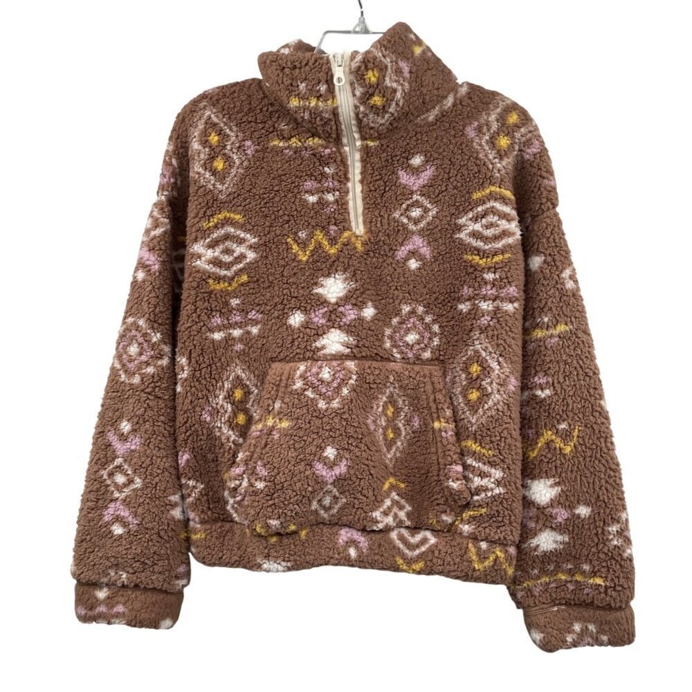 Love Tree Sherpa Fleece Pullover 1/4 Zip Collared Brown/Multi Size Medium